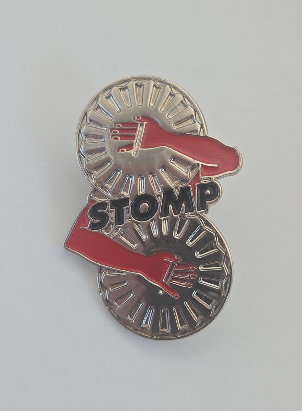 Vintage STOMP Musical Enamel Lapel Pin Red Silver Tone Theater Collectible